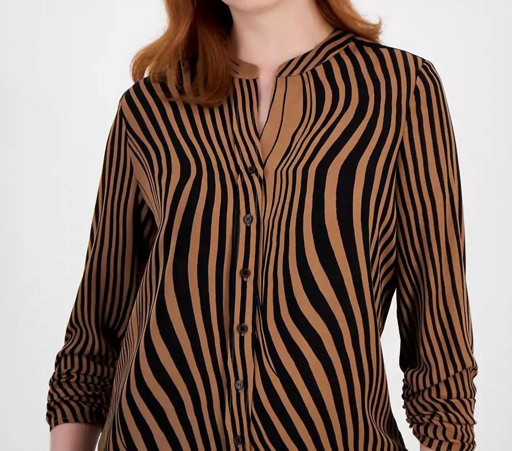 T Tahari - Mixed-stripe Mandarin Blouse