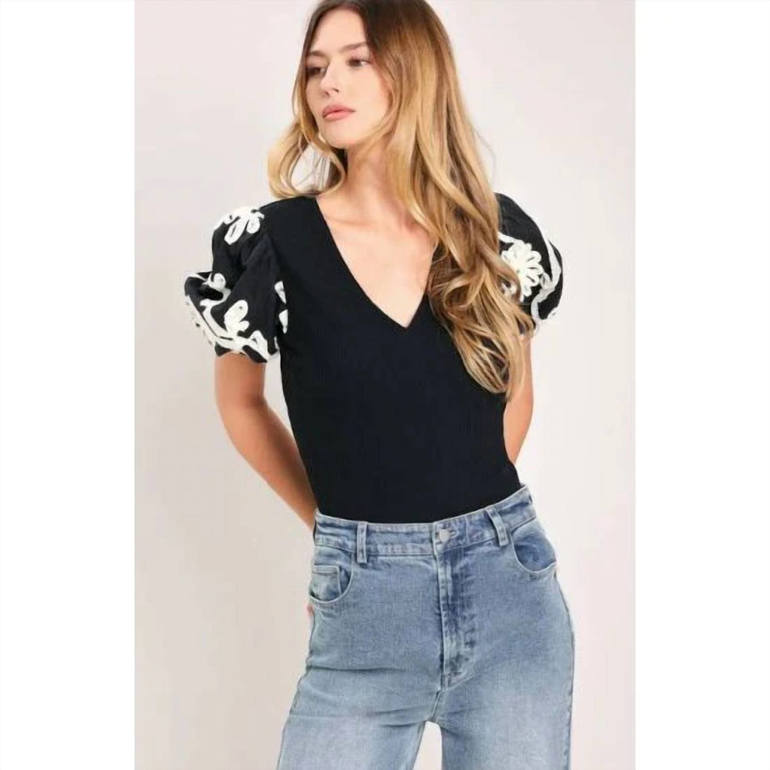 Flying Tomato - Ribbed Top With Embroidered Puff Sleeves