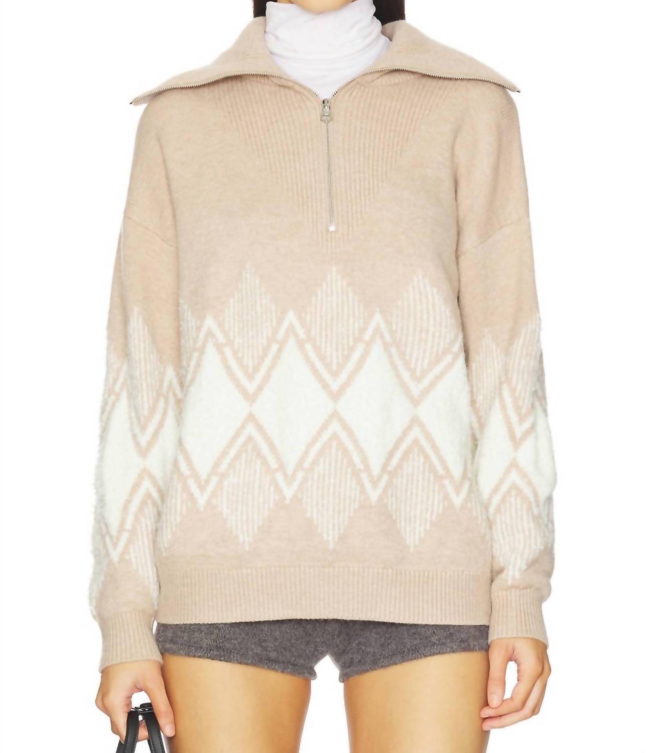 VARLEY Betty Jacquard Half Zip Sweater in light taupe - women's top