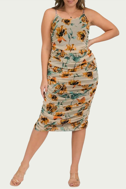 FLORAL RUCHED MESH MIDI DRESS