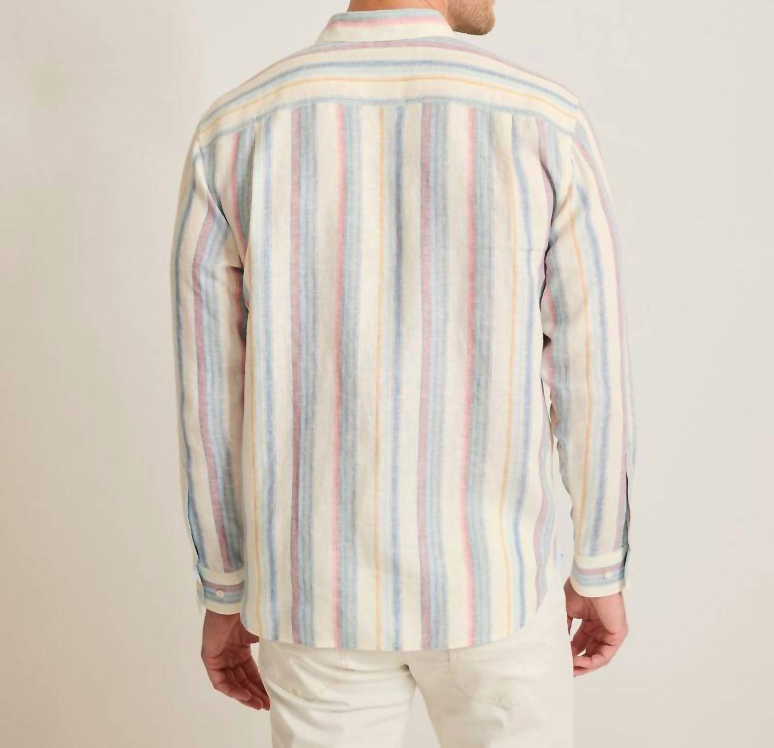 TOMMY BAHAMA Las Mantas Stripe Linen Shirt in sandstone - men's shirt - detail view