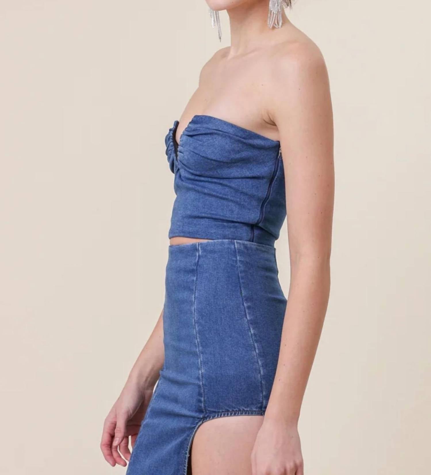 Line And Dot - Joey Denim Top With Ruched Front Detail