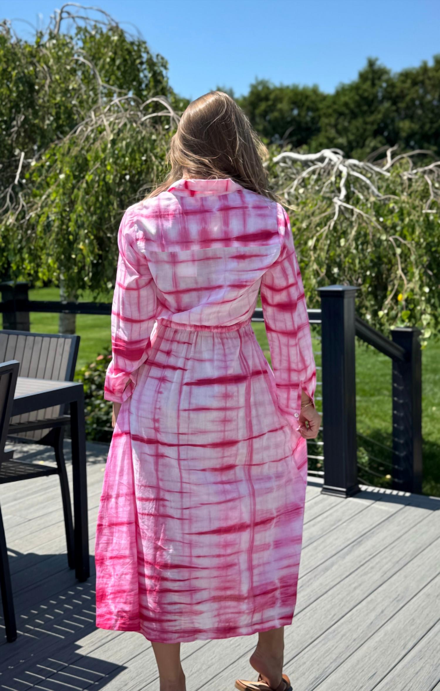 mer st. barth Anais Button Front Shirt Dress in hibiscus shibori - women's dress - detail view