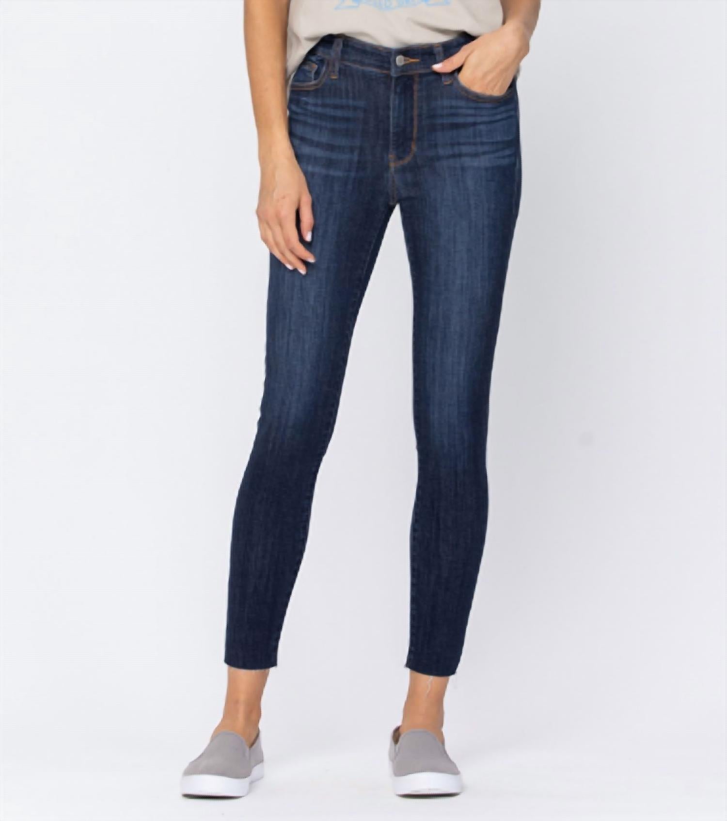 Judy Blue - Mid Rise Raw Hem Skinny Jeans