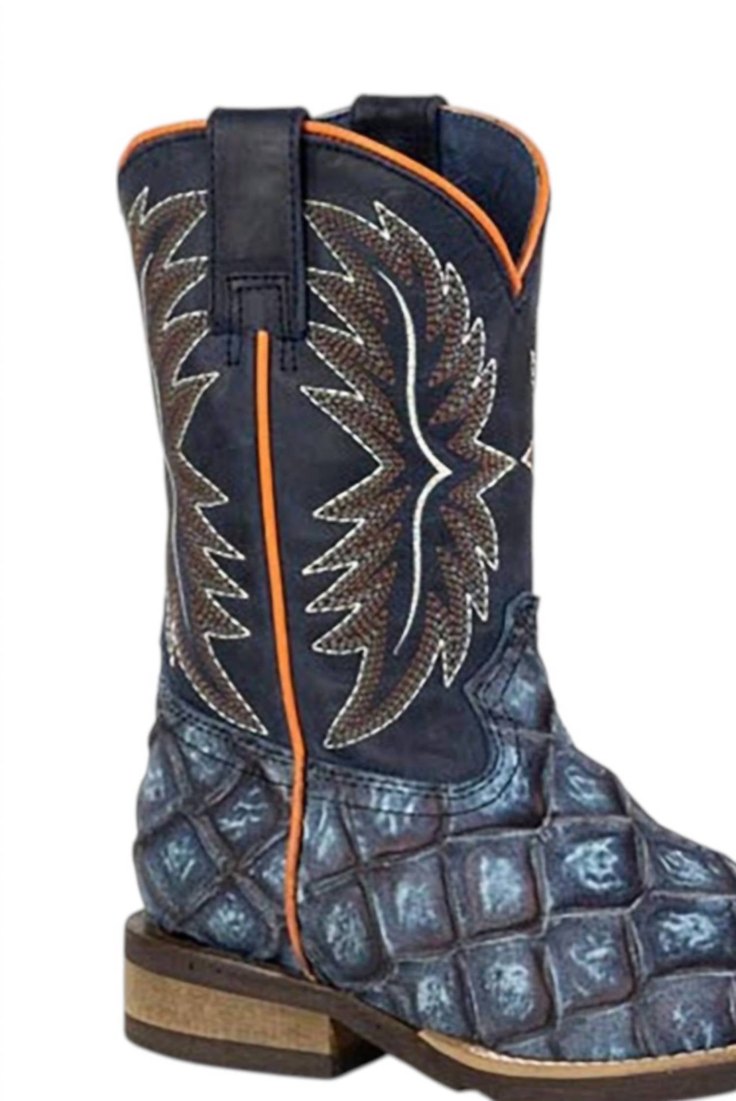ROPER Kids Big Fish Print Geo Sole Cowboy Boot in blue - kids' boots - detail view