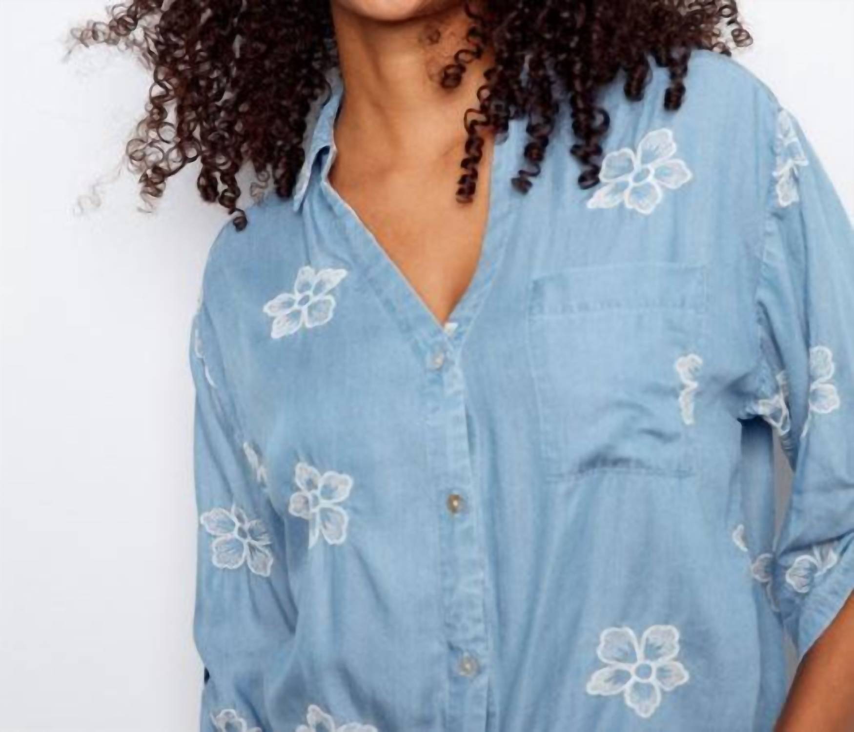 CHARLIE B 3/4 Rolled Up Sleeves Blouse With Floral Embroidery And Front Tie in light blue - women's blouse - alternate view