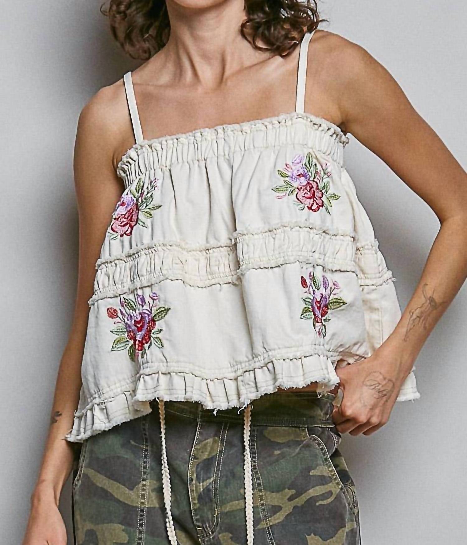 Pol - Floral Embroidered Raw Edge Top