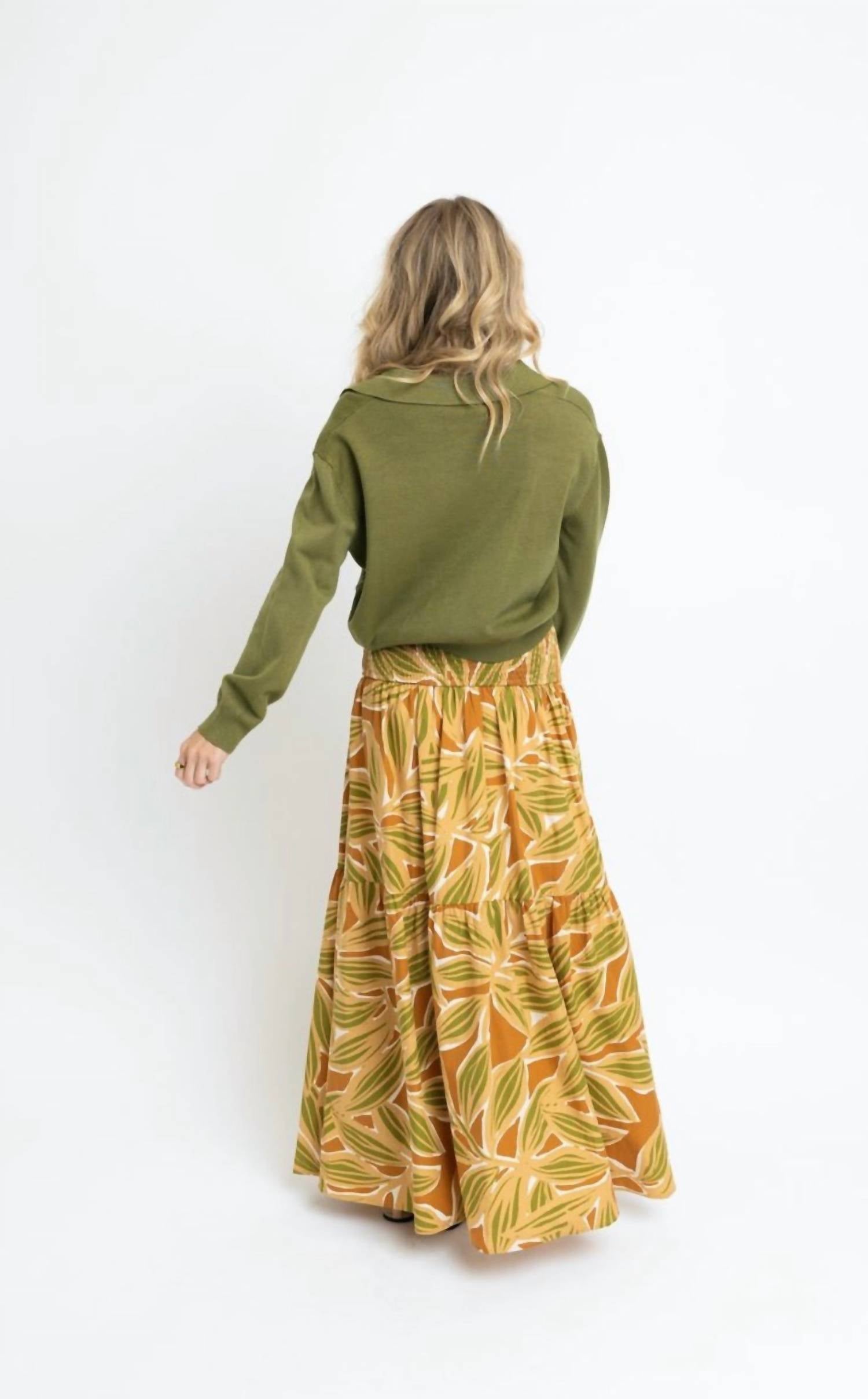 Karlie Desert Palm Smocked Tier Skirt in tan - women's skirt - detail view