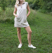 Doe and Rae Zip Into Style Cap Sleeve Mini Dress in beige - women's dress