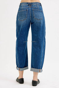 RISEN Lennox High Rise Crop Barrel Cuffed Jean in dark denim - women's jeans - detail view