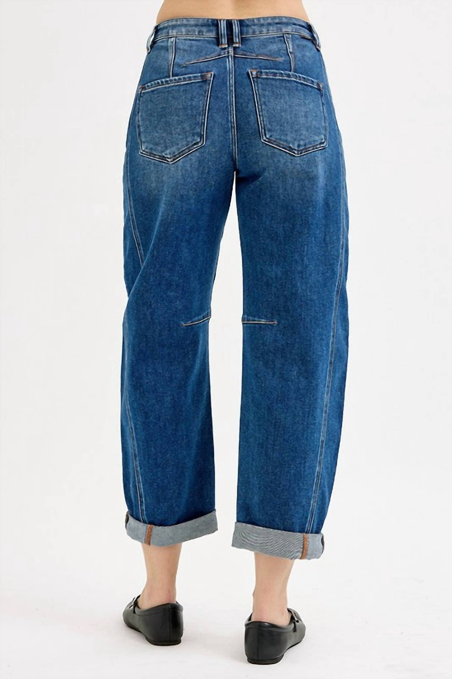 RISEN Lennox High Rise Crop Barrel Cuffed Jean in dark denim - women's jeans - detail view