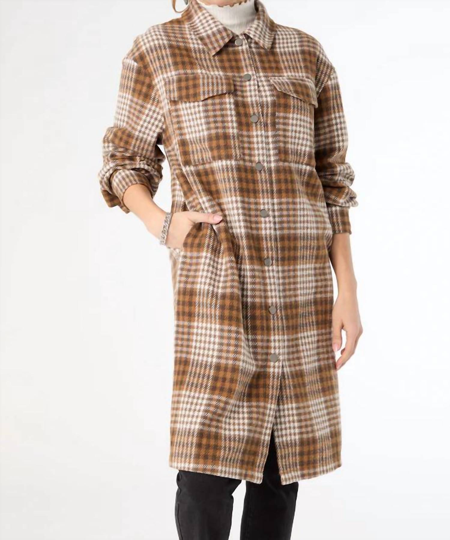 COCO + CARMEN Edith Plaid Shacket in brown - women's jacket - detail view