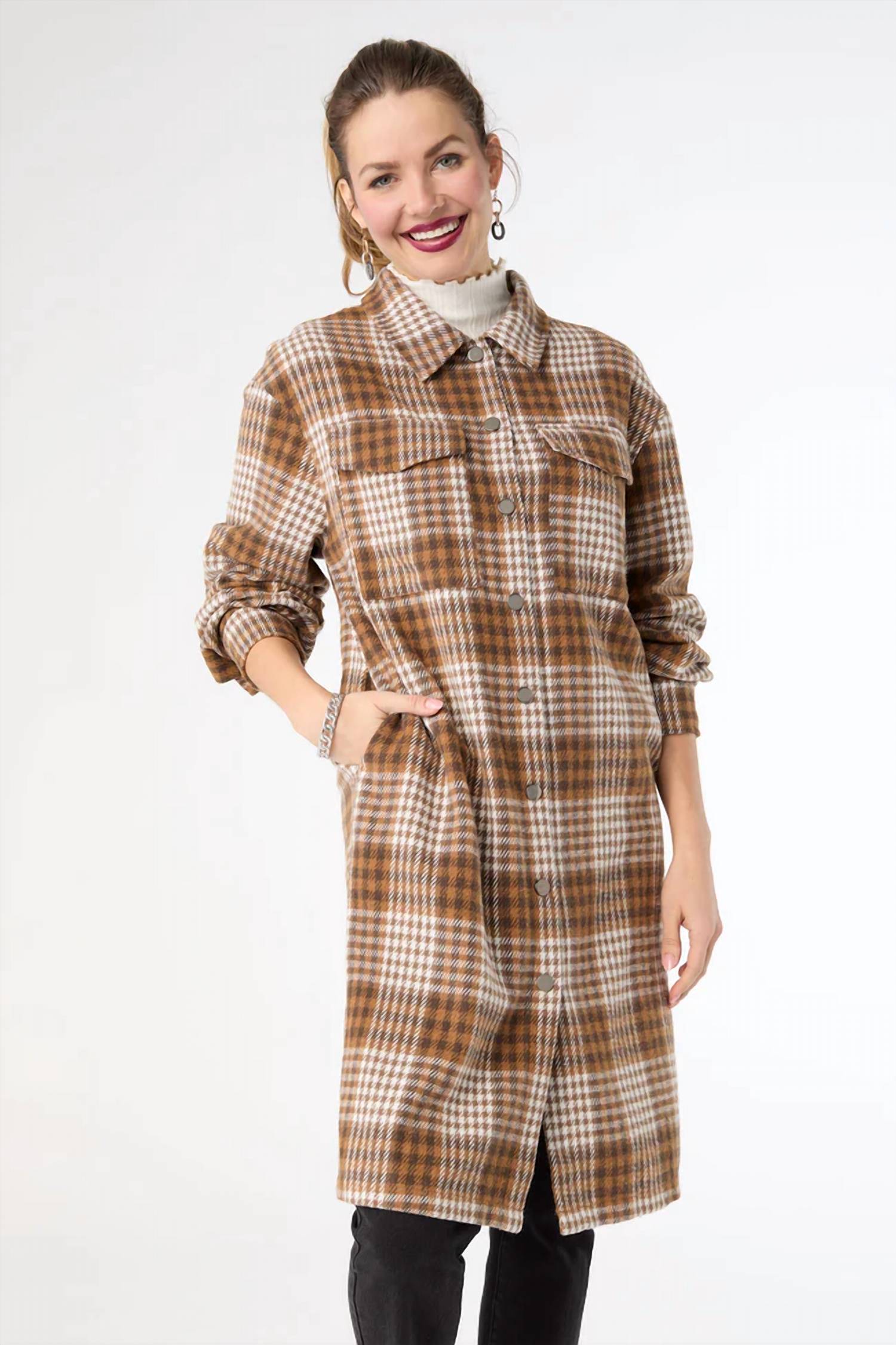 COCO + CARMEN Edith Plaid Shacket in brown - women's jacket - alternate view