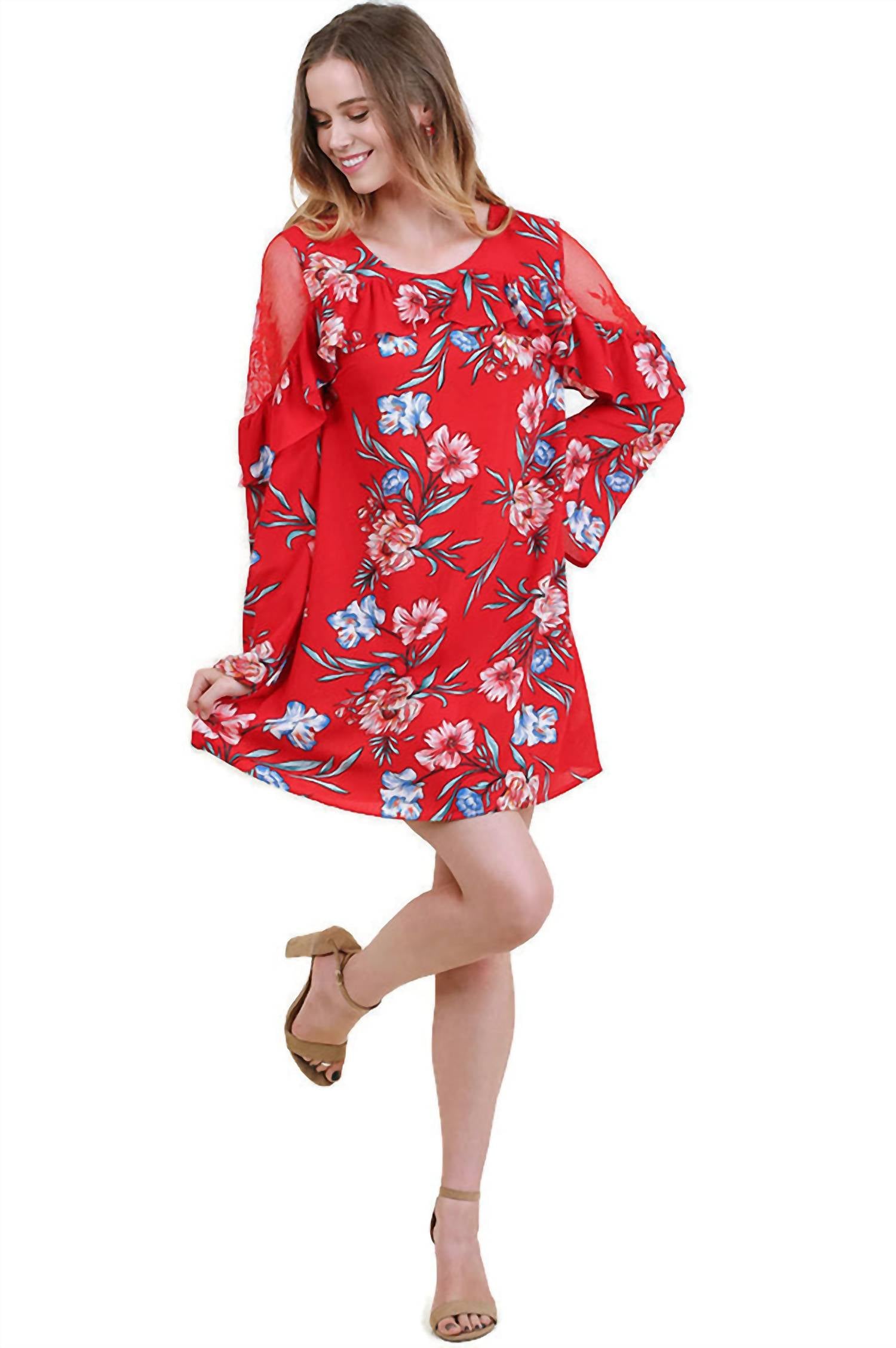 Umgee - Ruffled Lace Floral Bell Sleeve Dress