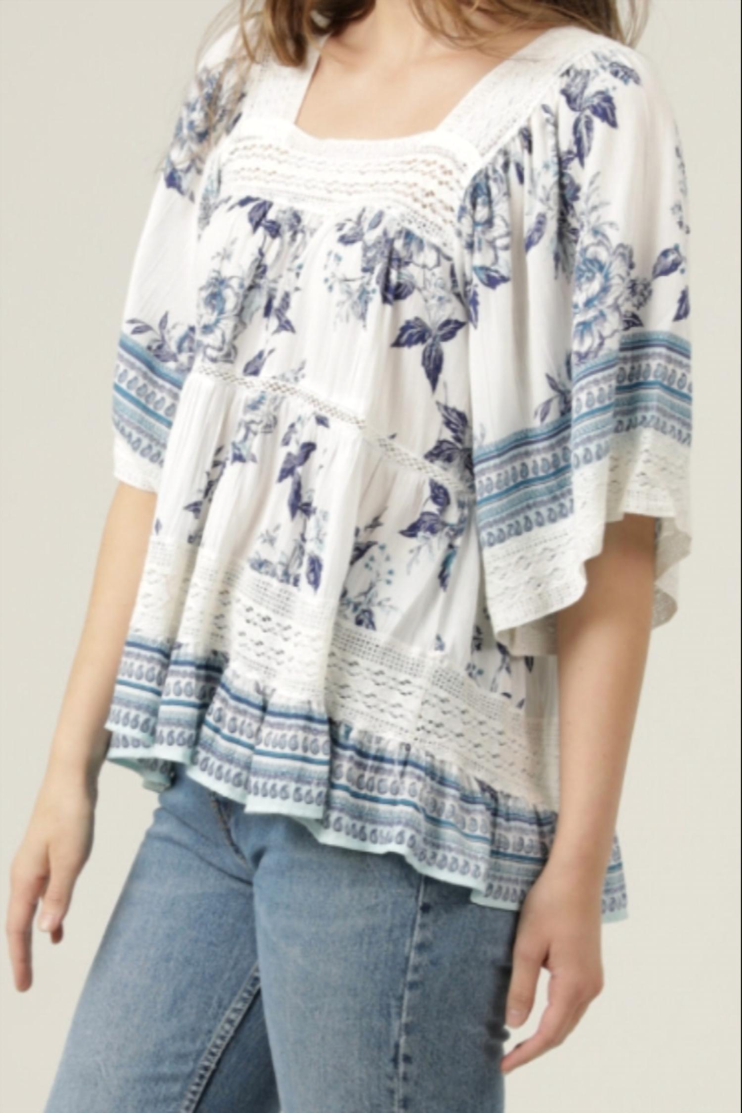 ANGIE Mid-length Sleeve Top in white blue - women's blouse - detail view