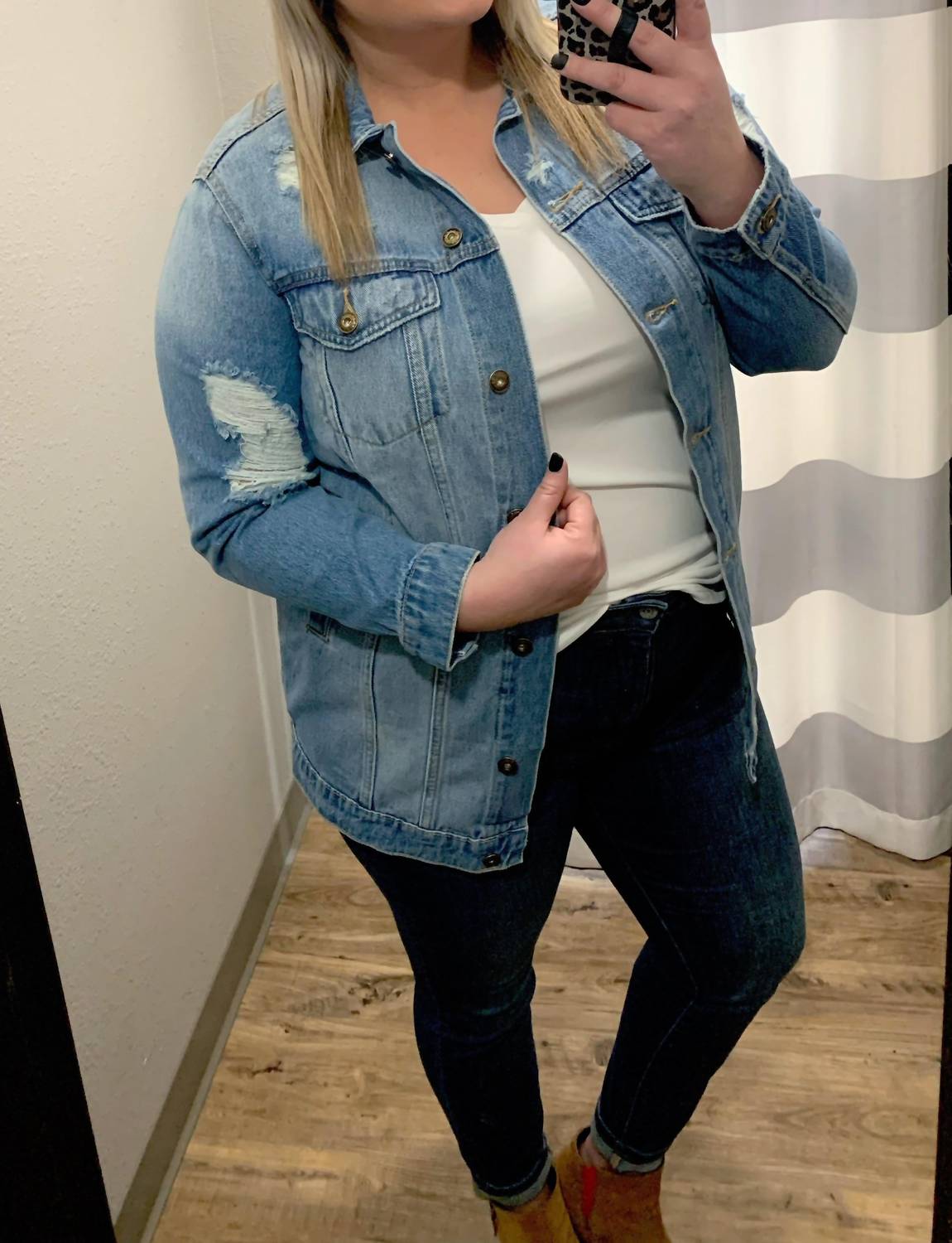 Poison Mushroom Boyfriend Style Distressed Jean Jacket in medium light - women's jacket