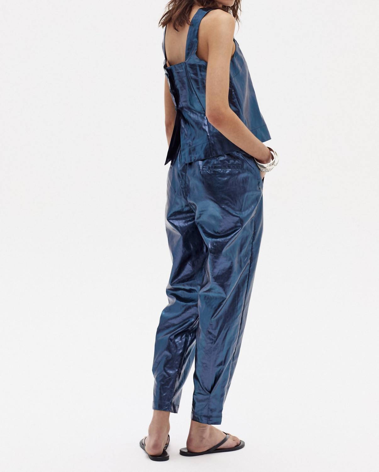 lanhtropy Anya Metallic Linen Pants in dark blue - women's pants - detail view