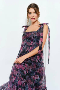 Ina Fashion - Organza Floral Printed Tiered Midi Dress