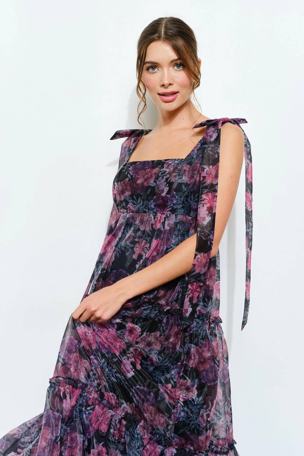 Ina Fashion - Organza Floral Printed Tiered Midi Dress