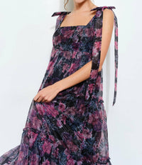 Ina Fashion - Organza Floral Printed Tiered Midi Dress