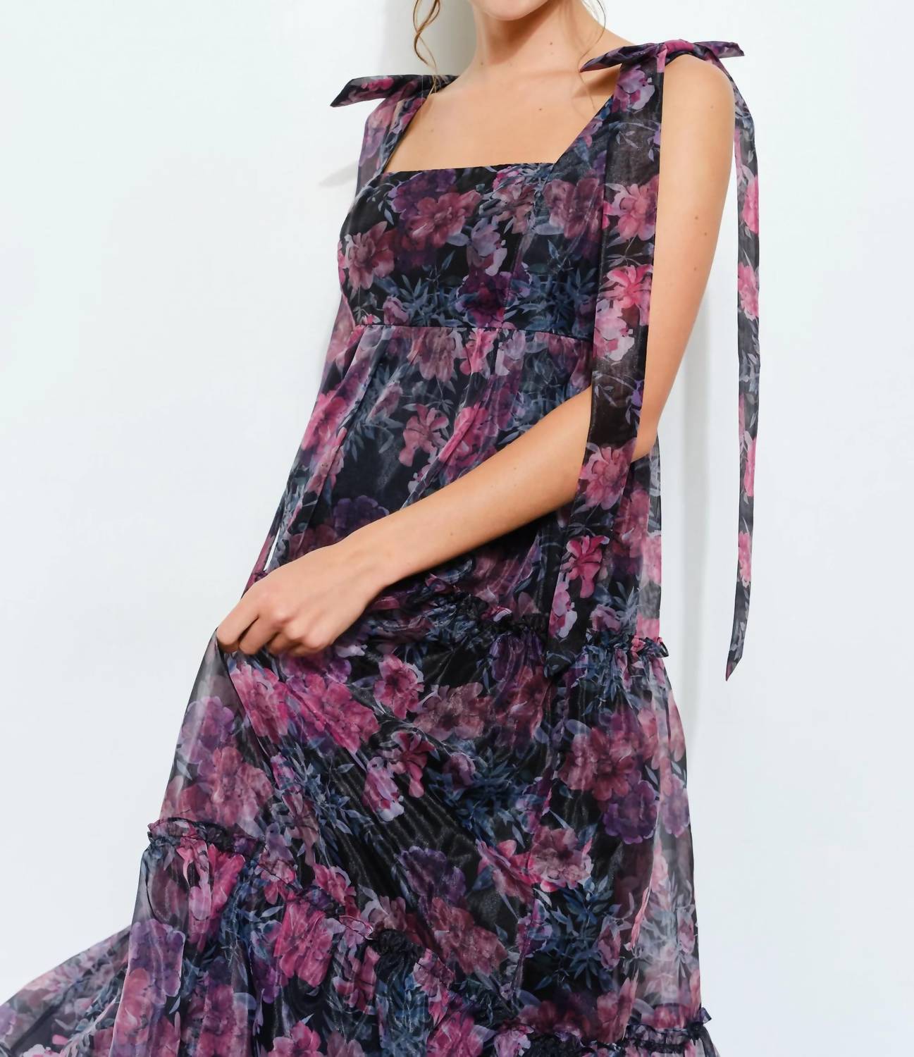 Ina Fashion - Organza Floral Printed Tiered Midi Dress