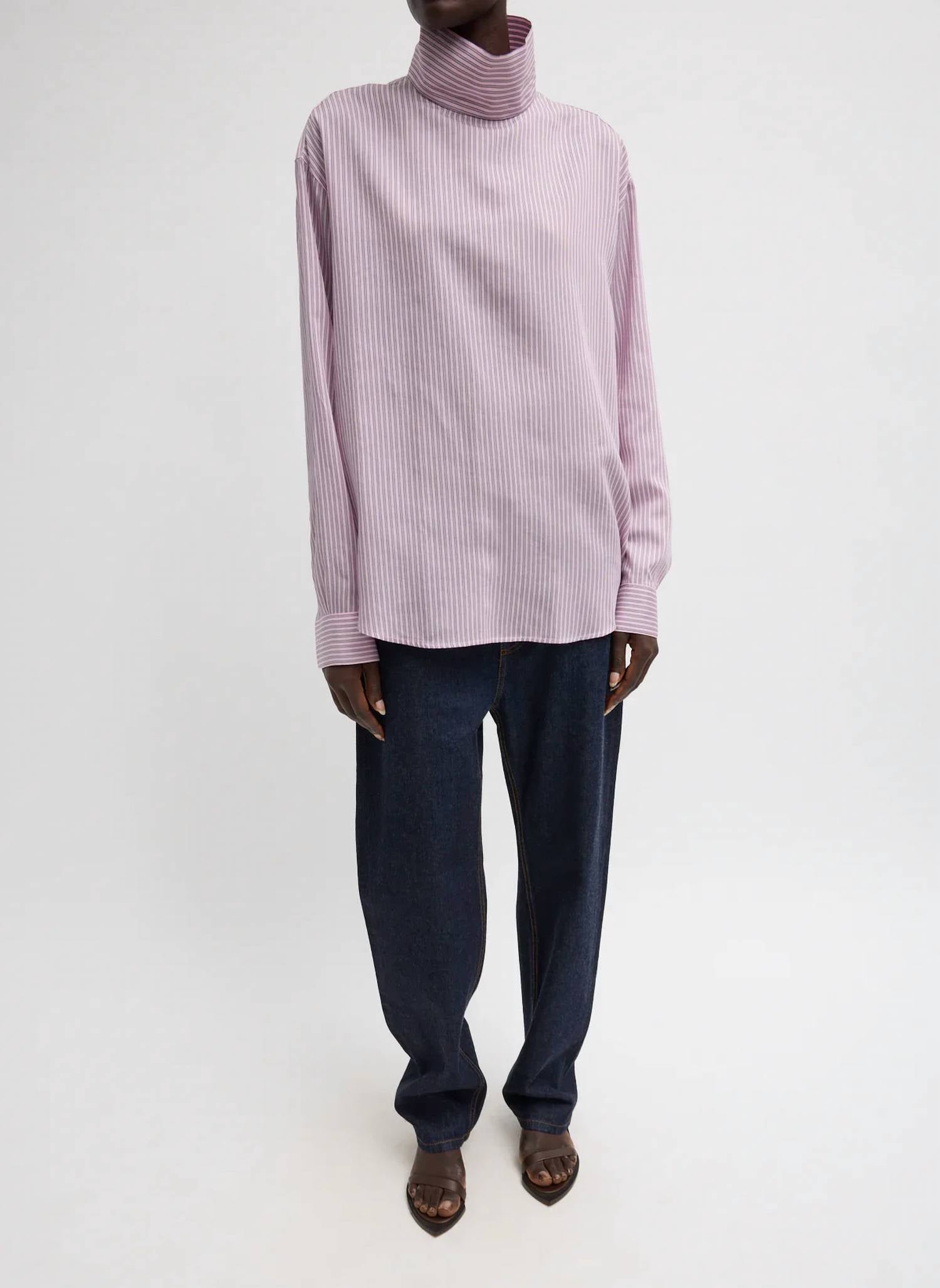 Tibi - Silk Tencel Striped Funnel Neck Shirt