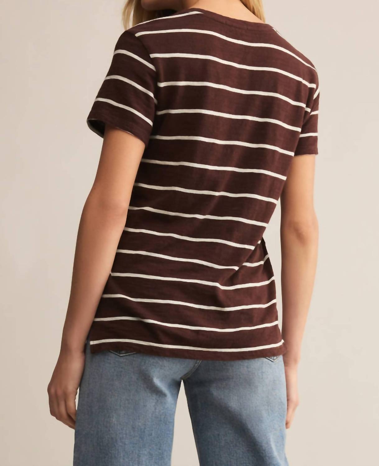 Z Supply Foundation Premium Striped Tee in sandalwood - women's t-shirt - detail view