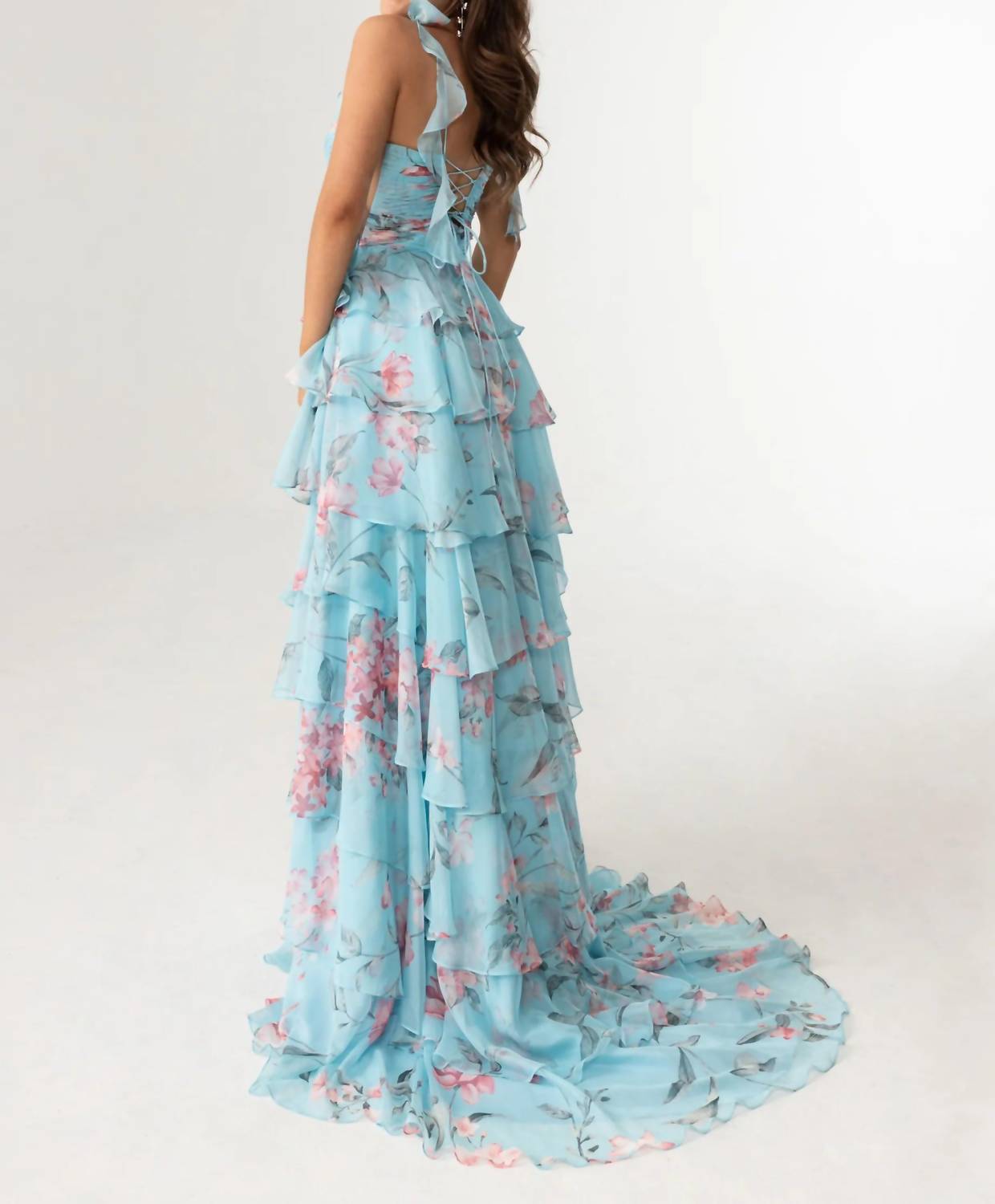 Rachel Allan Women's Prom Dress in blue pink print - women's dress - detail view