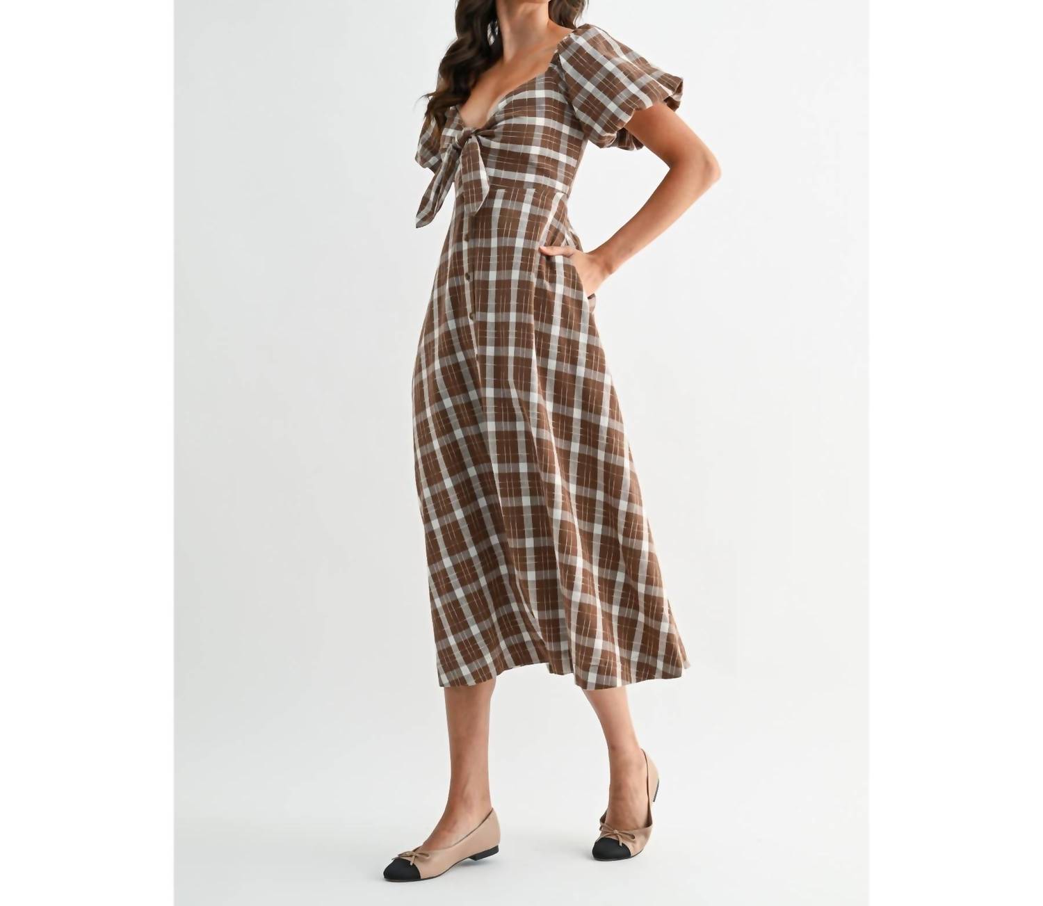 Camellia - Jori Plaid Tie Front Midi Dress
