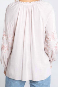 LOVESTITCH Women's Long Sleeve Linen Embroidered Peasant Top in blush rose - women's blouse - detail view