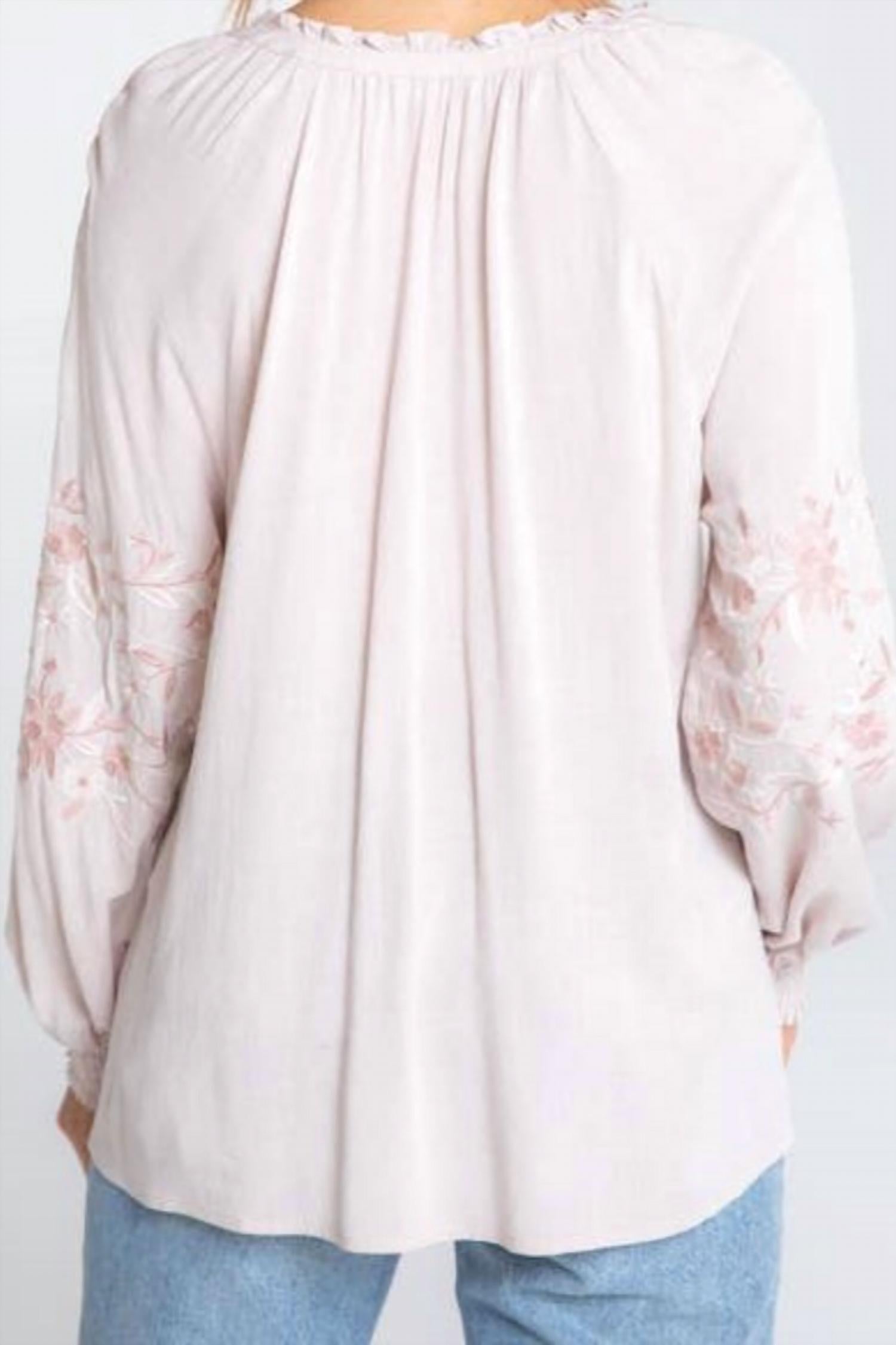 LOVESTITCH Women's Long Sleeve Linen Embroidered Peasant Top in blush rose - women's blouse - detail view