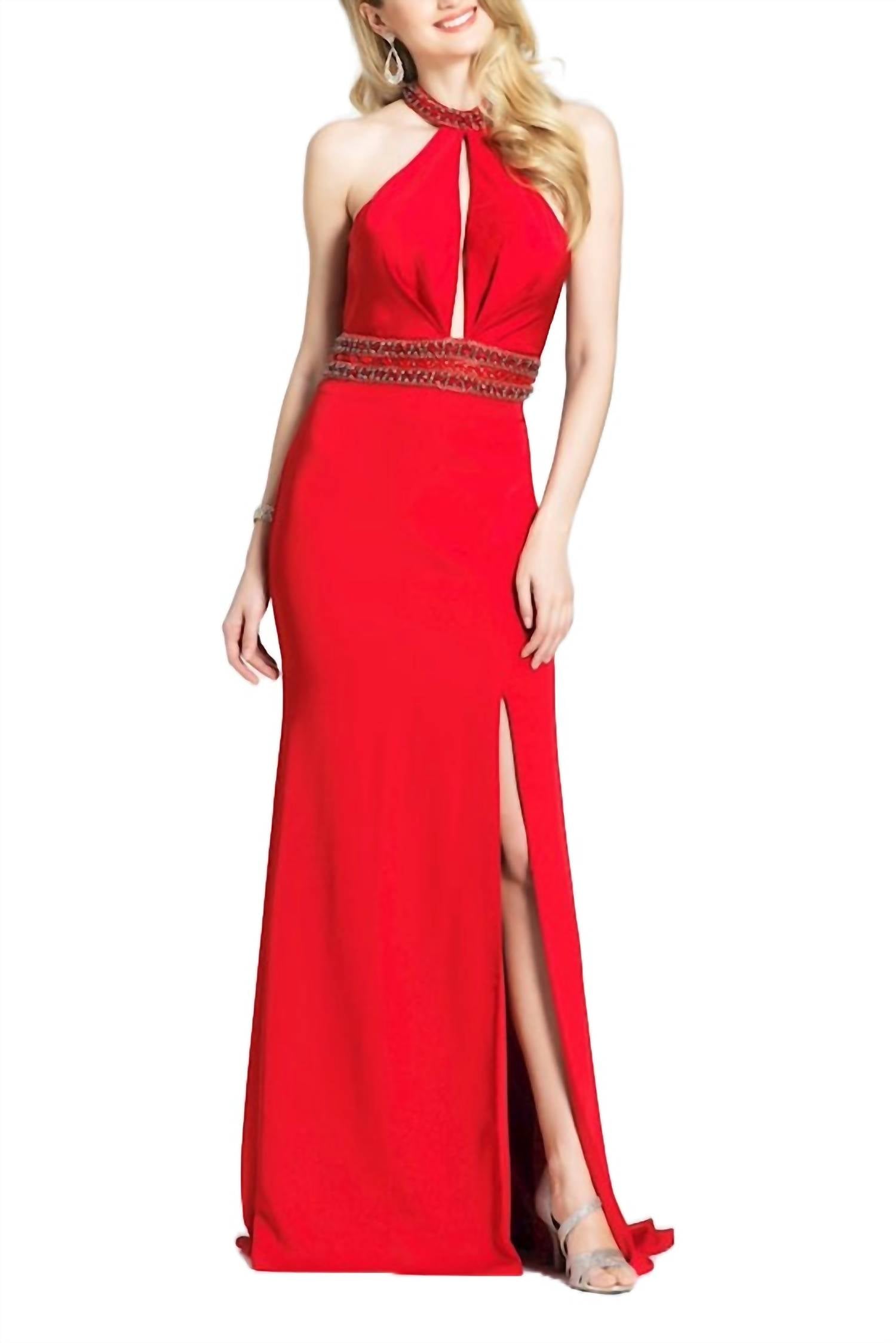 Dave & Johnny - Embellished Halter Neck Slit Cutout Back Satin Dress