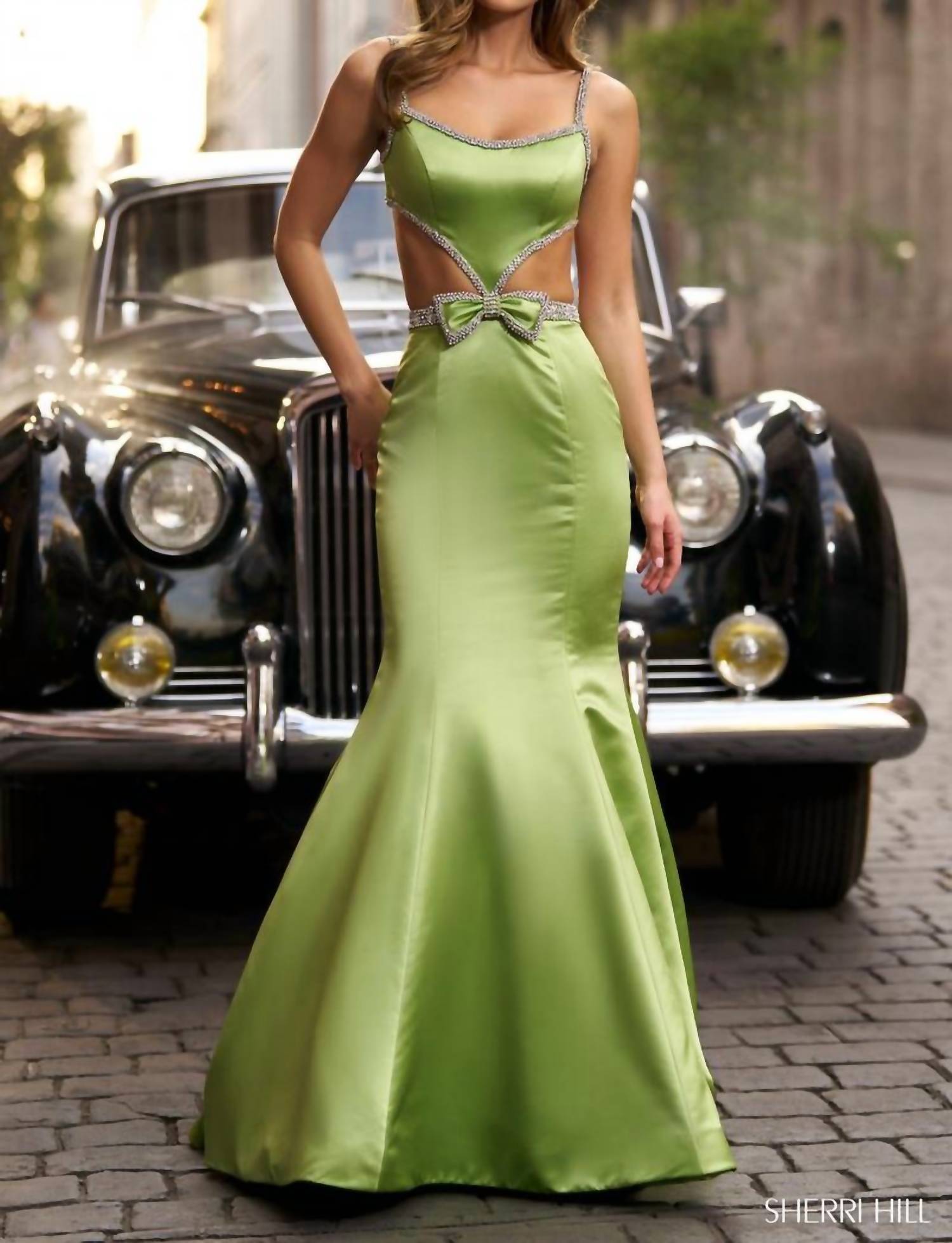 Sherri Hill Embellished Cutout Dress in chartreuse - women's dress