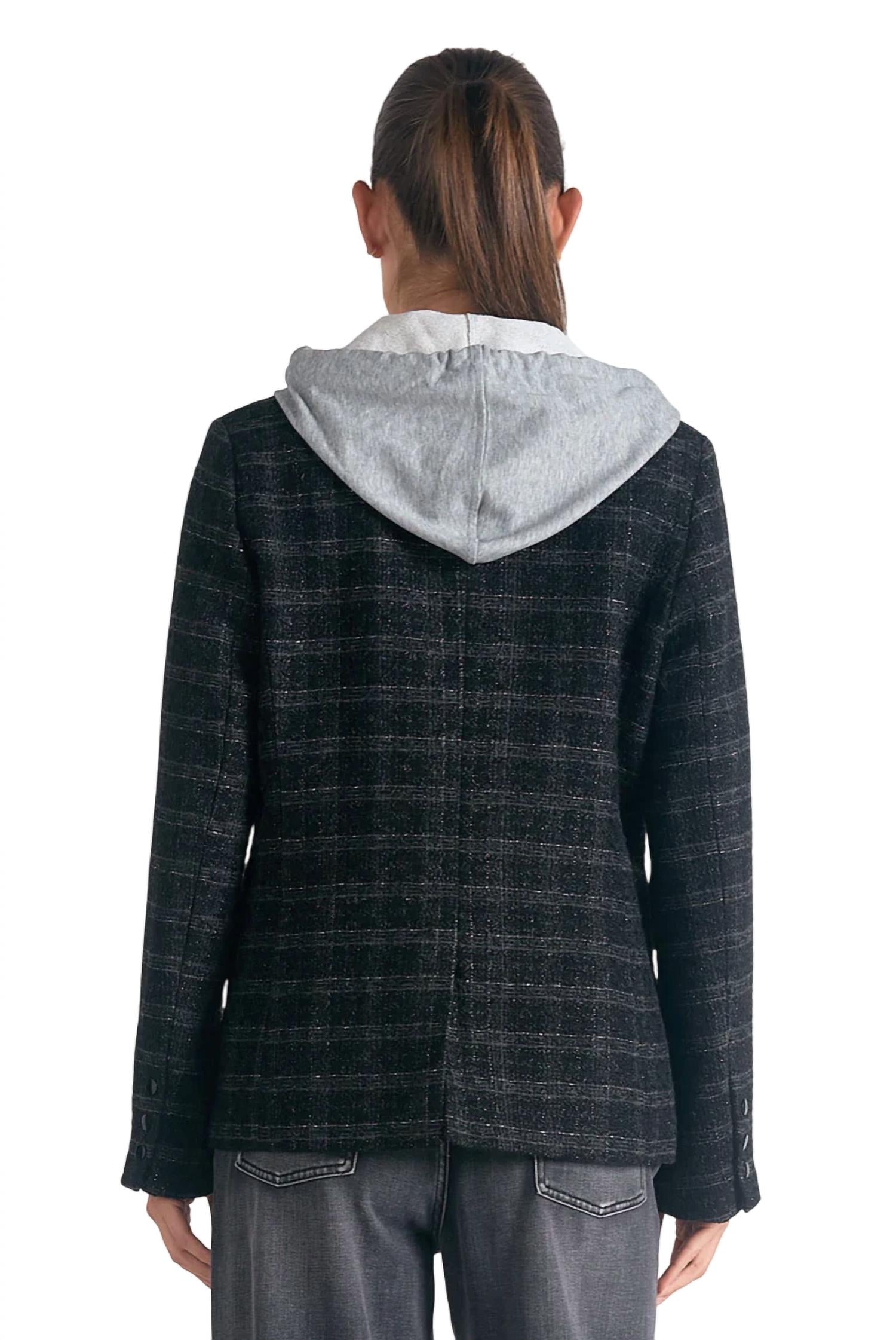 Elan - Eliza Metallic Plaid Blazer with Hoodie