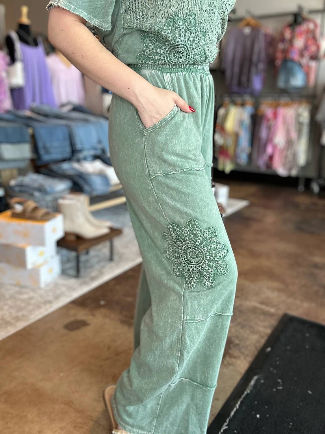 J. Her - Mineral Washed Doily Detail Wide Leg Pants