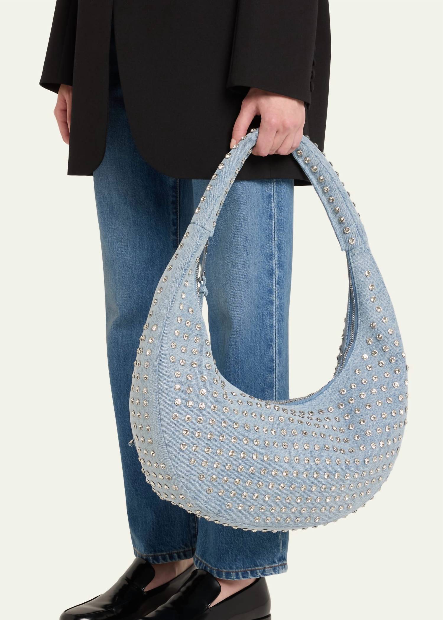 Retrofete - Elodie Embellished Denim Studded Large Shoulder Bag