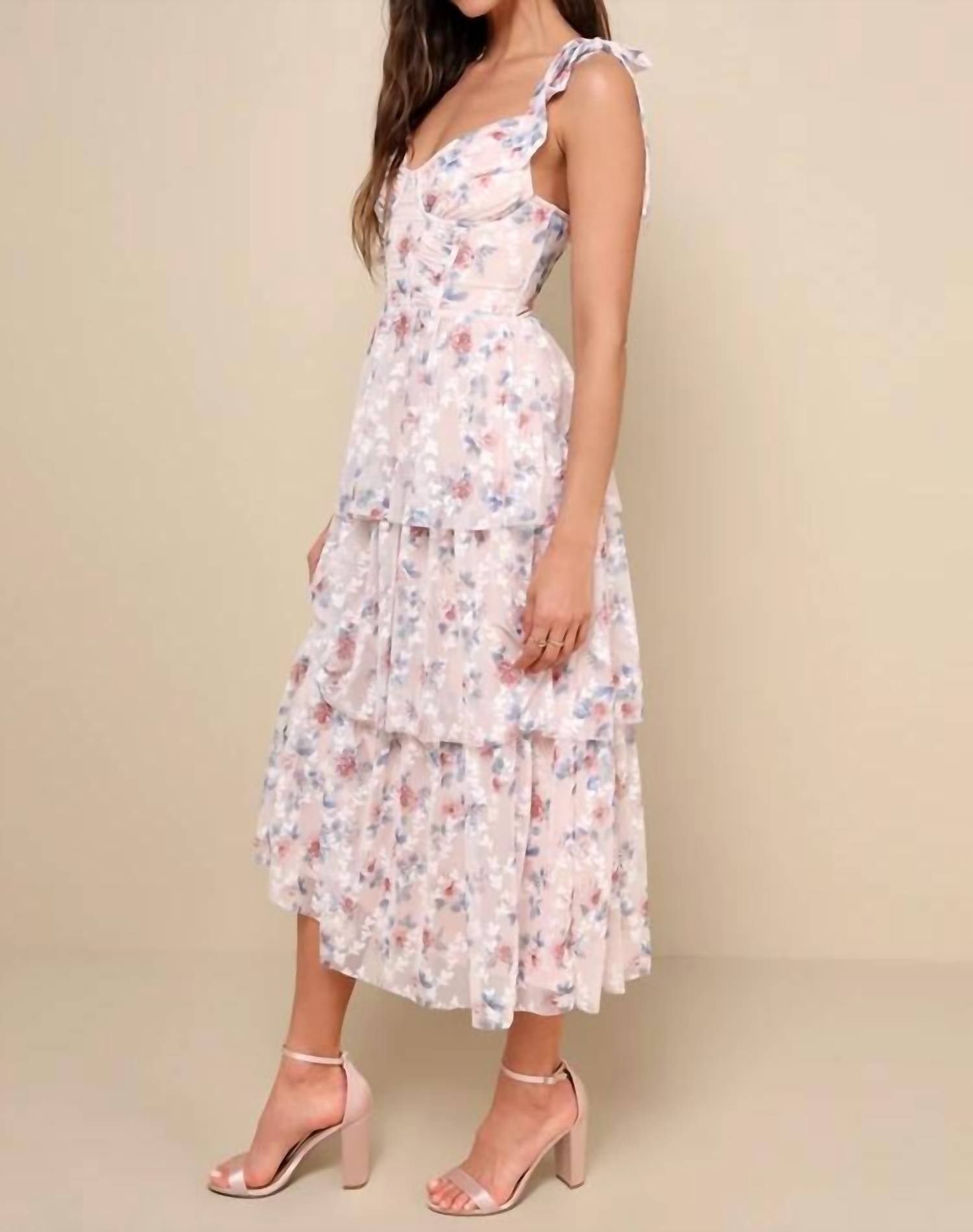Lulus Flirtatious Radiance Floral Mesh Bustier Midi Dress in blush pink - women's dress - detail view