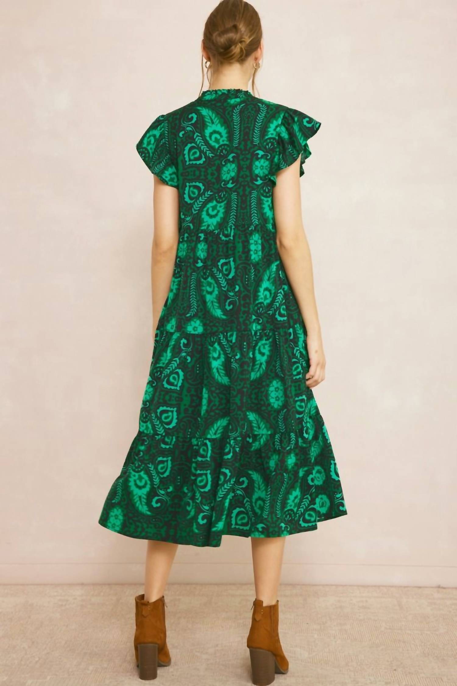 entro Floral & Leaf Ruffle Midi Dress in green - women's dress - view 4