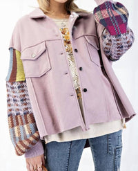 Easel - Fleece And Rose Knit Mix Pattern Button Down Jacket