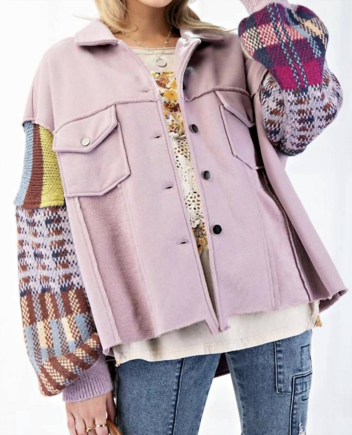 Easel - Fleece And Rose Knit Mix Pattern Button Down Jacket