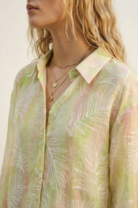 Q2 - Sheer Leaf Print Button Up Shirt