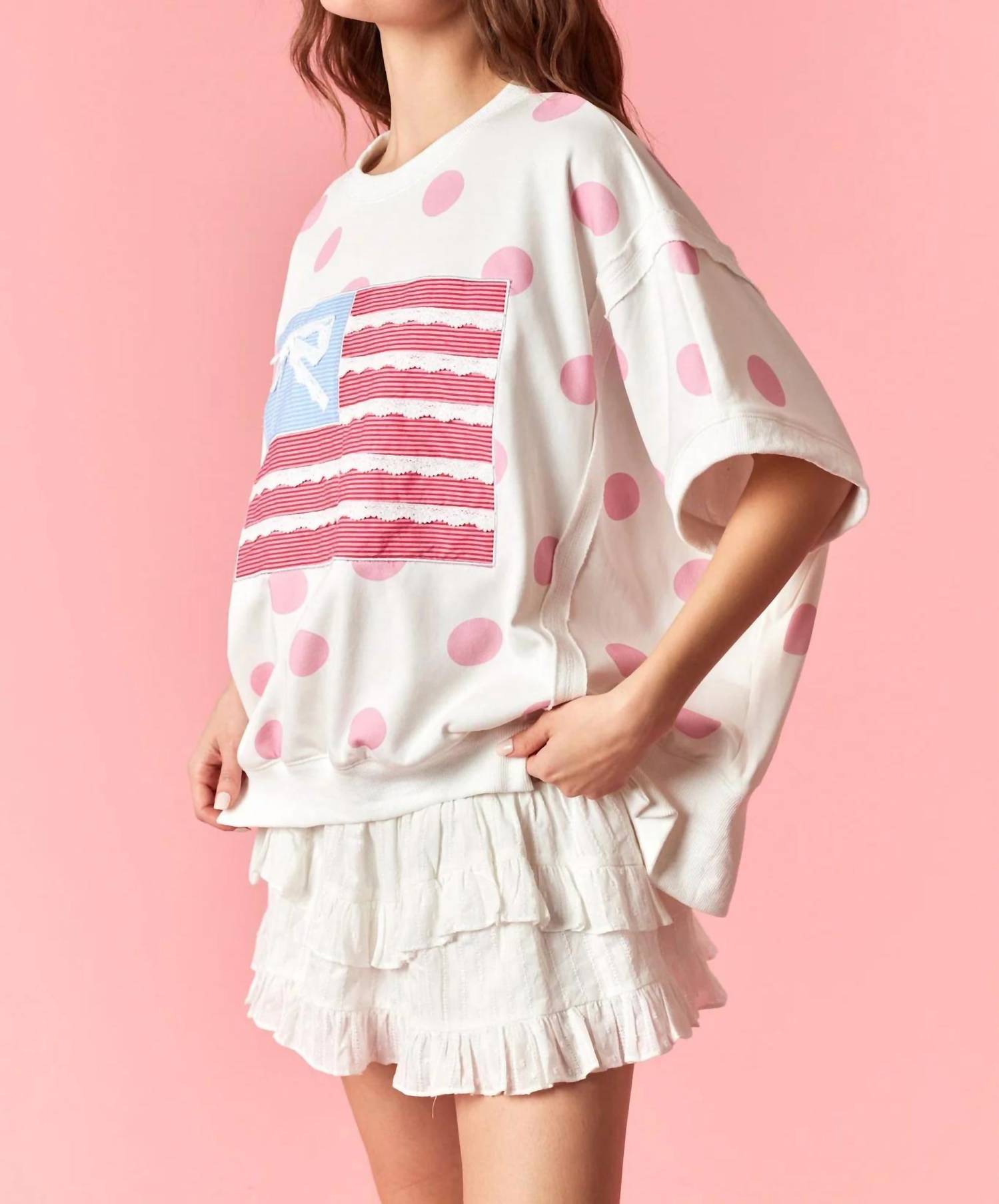 Peach Love - Oversized Bow Flag Polka Dot Tee