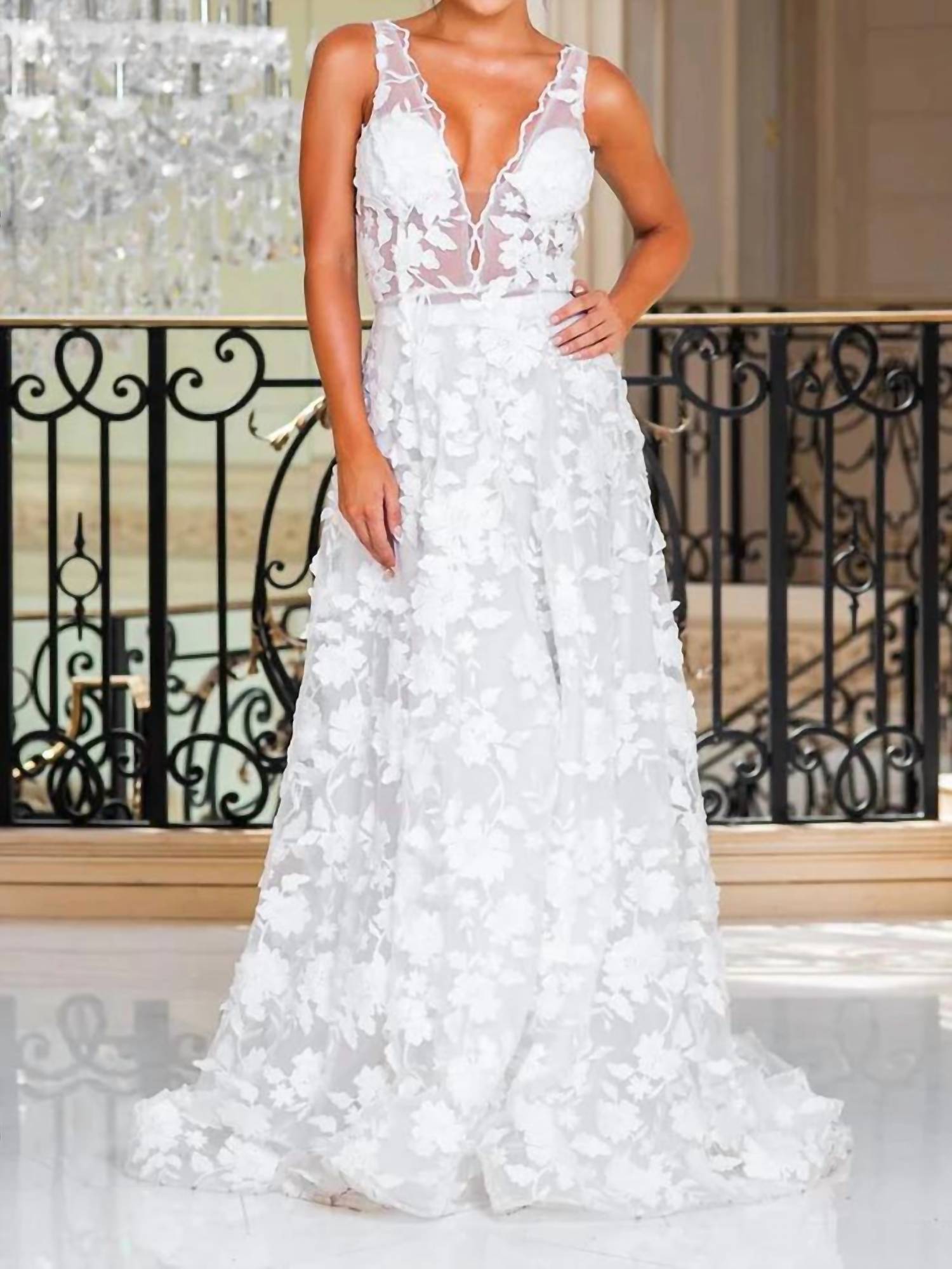 Jessica Angel - Sleeveless A-line V-back Court Train 3d Floral Lace Wedding Dress