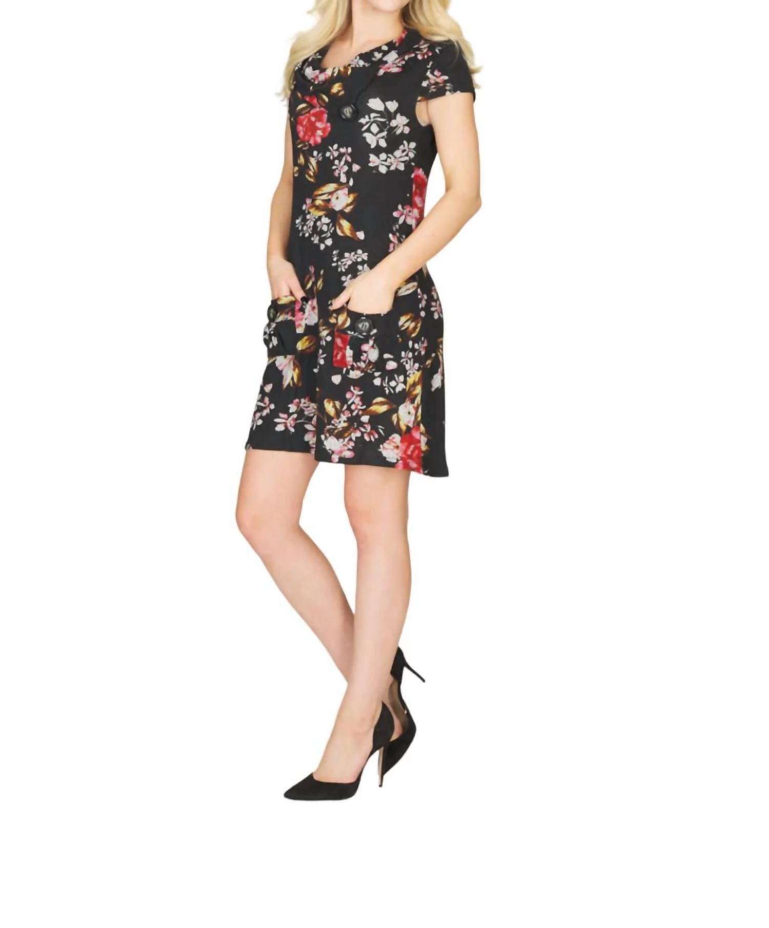 Papillon - Floral Print Drape Collar Sweater Dress
