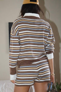 Bailey Rose - Striped Knit Collared Shirt And Knit Flare Pant Set