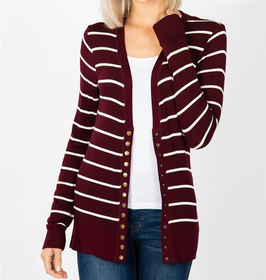 Zenana - Striped Snap Full Sleeve Cardigan