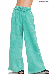 Zenana - Women's Acid Wash Fleece Palazzo Sweatpants