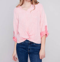 CHARLIE B Camden Bubble Cotton Top in flamingo - women's blouse