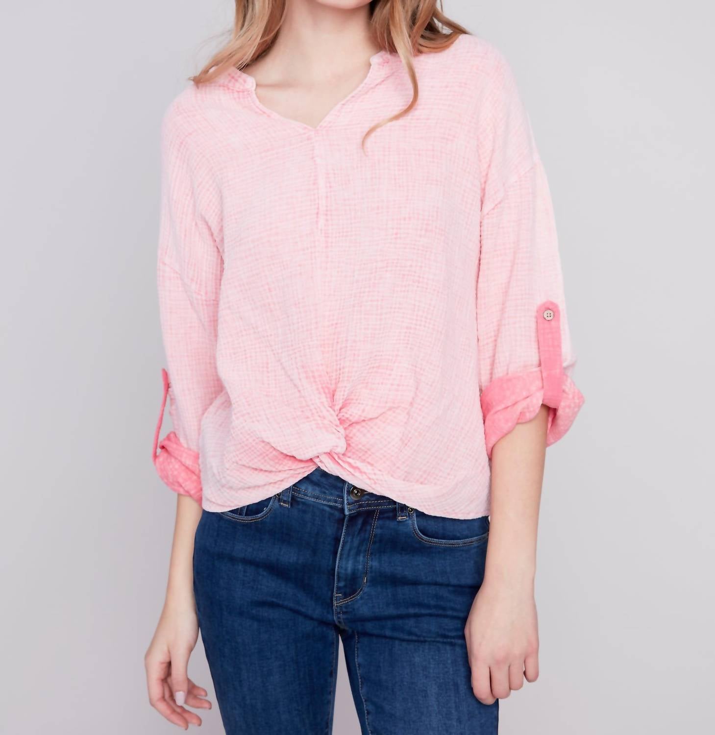CHARLIE B Camden Bubble Cotton Top in flamingo - women's blouse