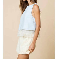 Lalavon - Contrast Sheer Ruffled Tier Hem Top